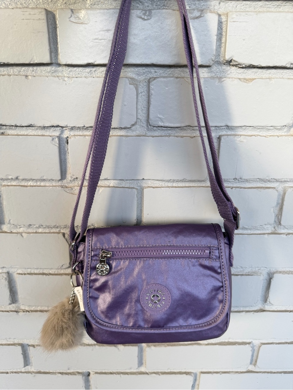 Kipling Live Light Purple Metallic Crossbody Bag Monkey Charm New Without Tags
